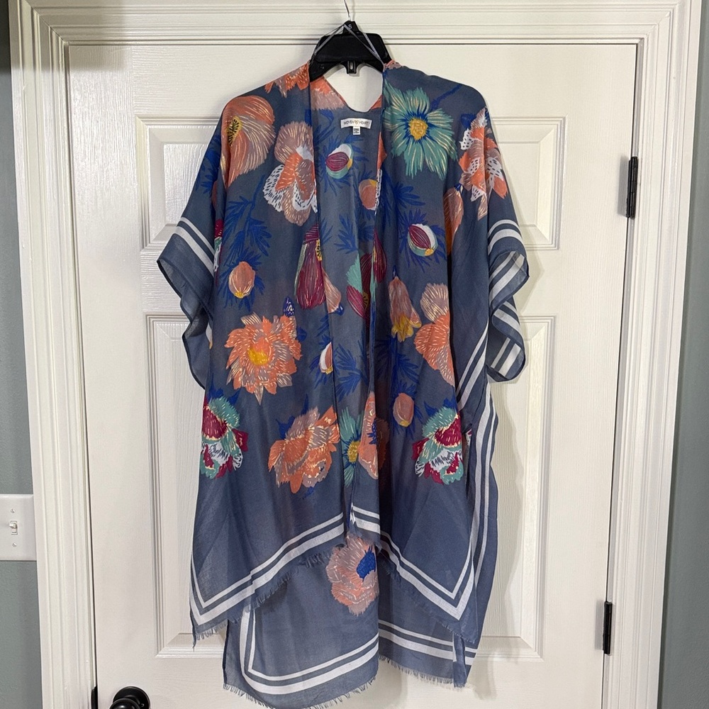 Gray Blue Floral Semi- Sheer Kimono Cover up